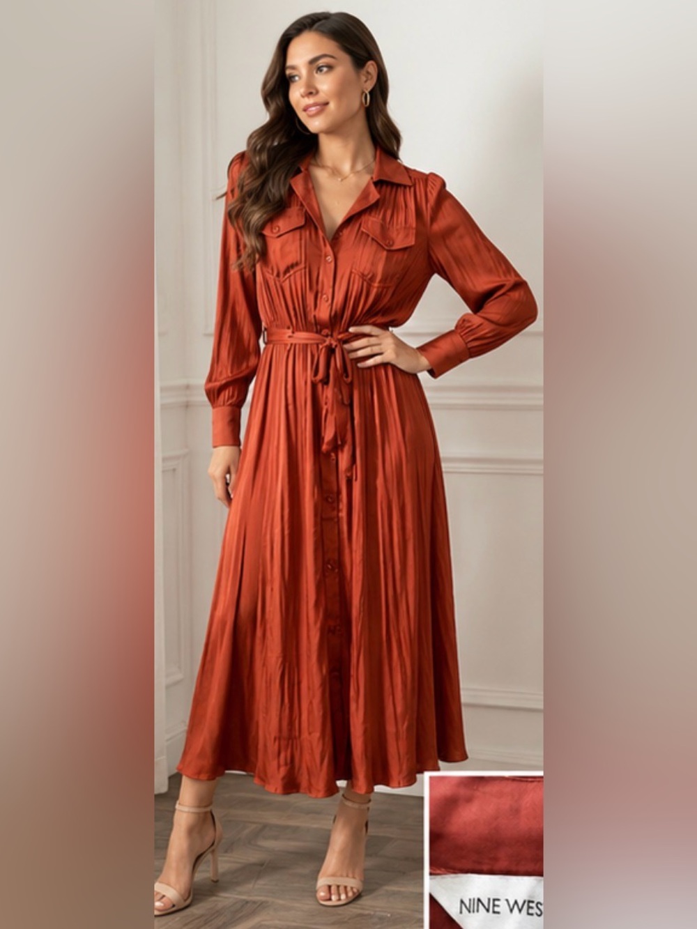Nine West Rust Satin Pleated Belted Shirt Dress – Size XS